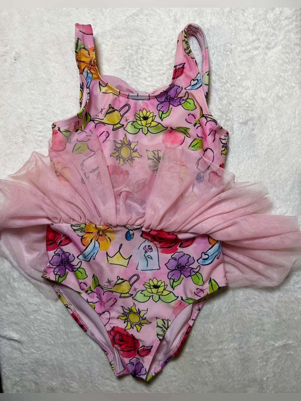 Disney Princess size 7/8 Pink Floral & Princess Print Tutu One-Piece Swimsuit - Picture 2 of 10